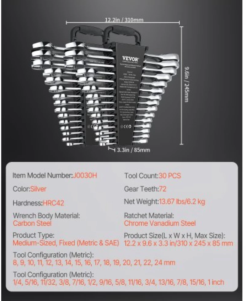 VEVOR Combination Wrench Set 30 PCS SAE 1/4" to 1", Metric 8-24mm Organizer Rack