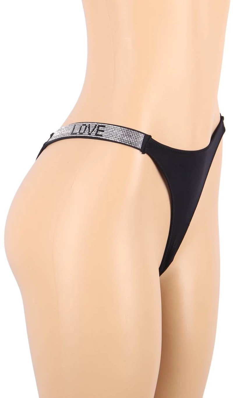Black Rhinestones G-string Diamonds Thong Low Waist