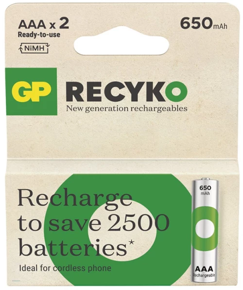GP ΕΠΑΝΑΦΟΡΤΙΖΟΜΕΝΕΣ ΜΠΑΤΑΡΙΕΣ AAA/R03 650mAh Ni-Mh RECYKO READY TO USE 1.2V 2/BLISTER
