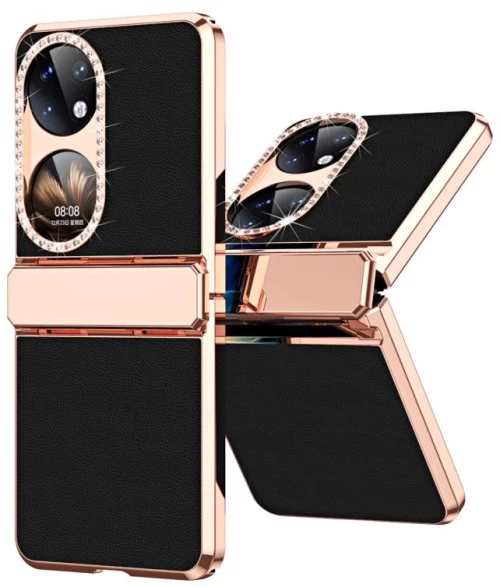 Για το Huawei P50 Pocket Επιμεταλλωμένο απλό δέρμα Πτυσσόμενη θήκη τηλεφώνου με μεντεσέ (Μαύρο)