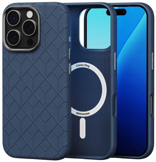 Θήκη iPhone 16 Pro Spacecase Classy Mag Σκληρή από Οικολογικό Δέρμα με MagSafe - Dark Blue (5905719112110)