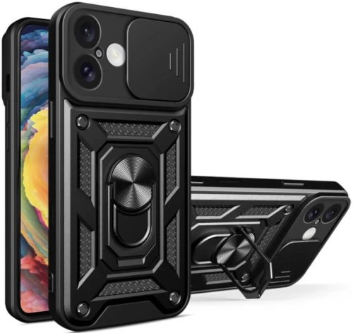 Θήκη iPhone 16 Bodycell Armor Slide Ανθεκτική με Κάλυμμα για την Κάμερα & Μεταλλικό Ring Holder - Black (5206015078910)