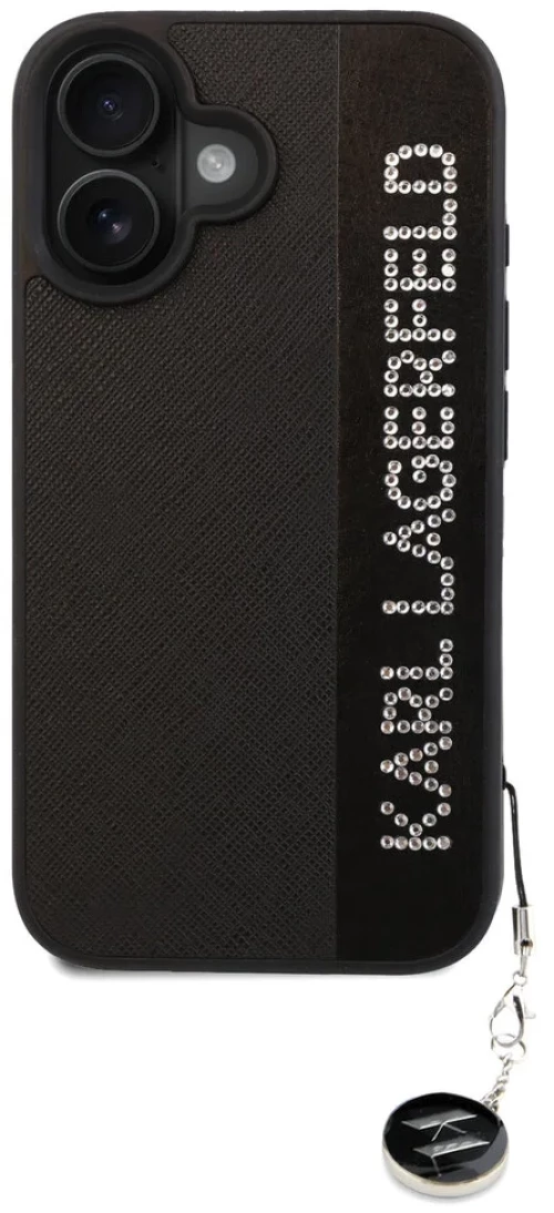 Karl Lagerfeld iPhone 16 Back cover case - Saffiano rhinestones and charm - Black