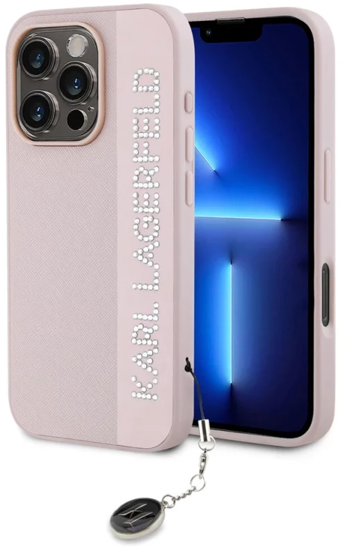 Karl Lagerfeld iPhone 16 Pro Max Back cover case - Saffiano rhinestones and charm - Pink - (KLHCP16XPSAKDGCP)