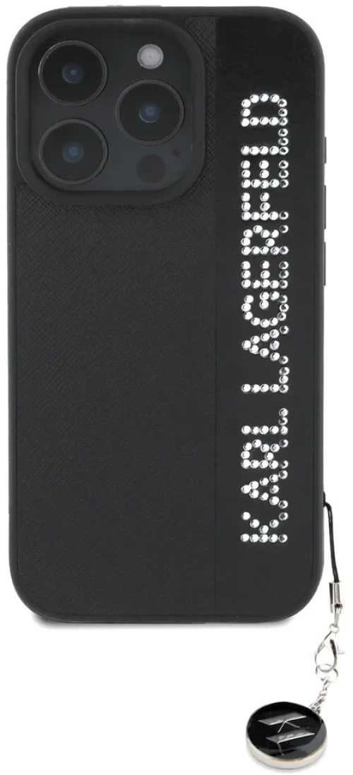 Karl Lagerfeld iPhone 16 Pro Back cover case - Saffiano rhinestones and charm - Black - Black - (KLHCP16LPSAKDGCK)