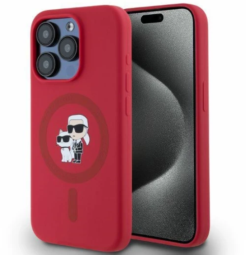 Karl Lagerfeld Silicone Karl&Choupette Heads Ring MagSafe Case for iPhone 15 Pro - Red