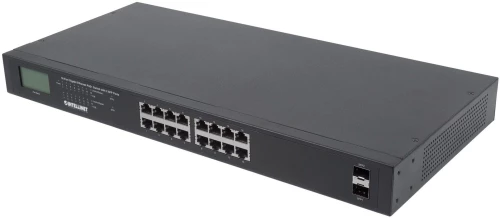 Intellinet 16-Port Gigabit Ethernet PoE+ Switch with 2 SFP Ports, LCD Display, IEEE 802.3at/af Power over Ethernet (PoE+/PoE) Compliant, 370 W, Endspan, 19" Rackmount