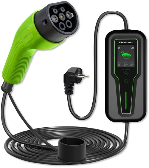 Qoltec Mobile EV Car Charger Adjustable 2in1 Type2 | 3.5kW | 230V | LCD | Portable | Wallbox | 5m