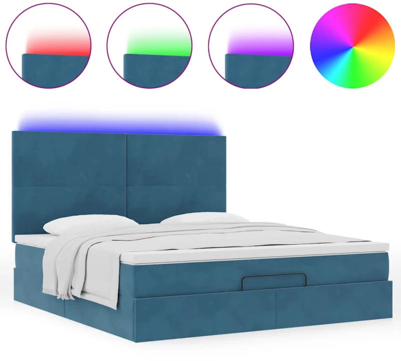 vidaXL Οθωμανικό κρεβάτι με στρώματα & LEDs Σκούρο μπλε Βελούδο
