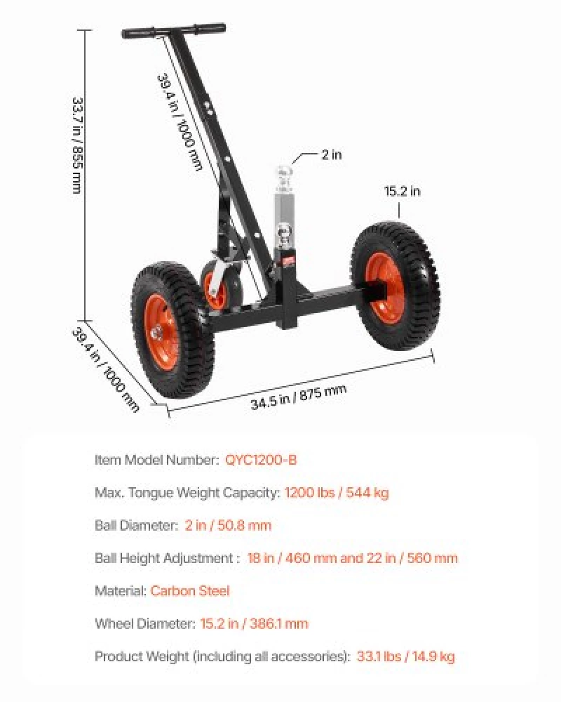 1200lbs Trailer Dolly 18 and 22 in Adjustable Height 2 in Ball 15.2 in Tires
