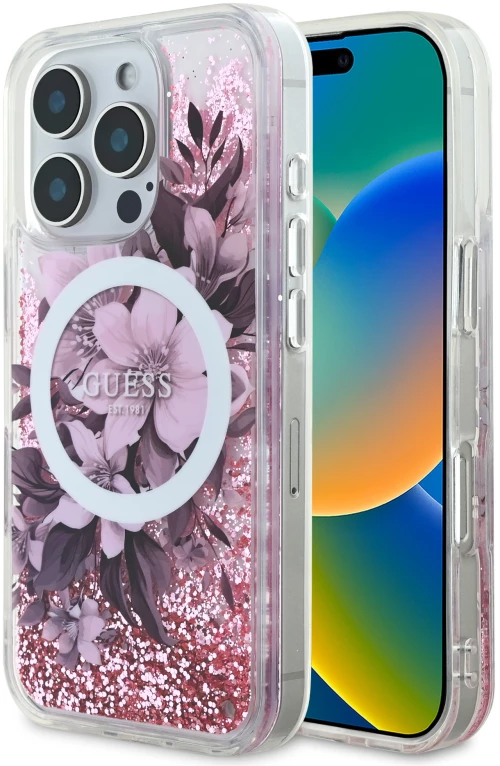 Guess Magsafe “Liquid Glitter Flower" Hard Case Θήκη προστασίας από σκληρό πλαστικό – iPhone 16 Max Ροζ – GUHMP16XLFMWTP