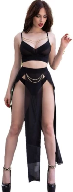 CHILIROSE - CR 4672 BLACK TOP SKIRT AND THONG WITH GOLDEN CHAINS