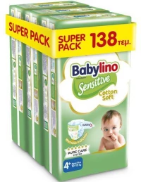 BABYLINO Sensitive Cotton Soft Πάνες Παιδικές Nο4+ 10-15kg (46x3) 138 Τεμάχια Super Pack