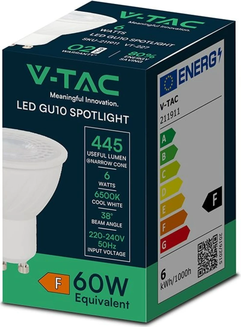 V-TAC Λάμπα LED GU10 6W Ψυχρό Λευκό 6500K – 211911