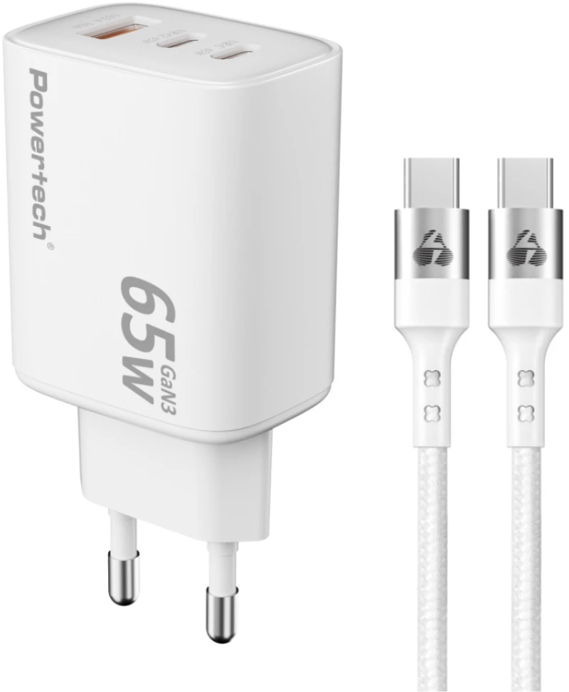 POWERTECH φορτιστής τοίχου PT-1415 με καλώδιο  USB/2x USB-C  65W  GaN  λευκός