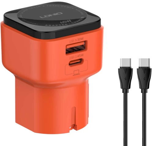 LDNIO φορτιστής τοίχου Q2420 με καλώδιο  USB/USB-C  45W  universal πρίζα  πορτοκαλί
