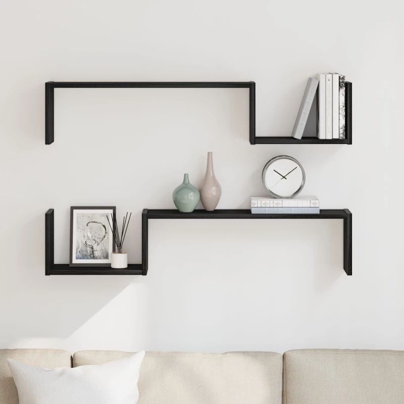 VidaXL Επιτοίχια Ράφα 2 τεμ Μαύρη Οξιά 100x15x70 εκ Επεξεργασμένο Ξύλο