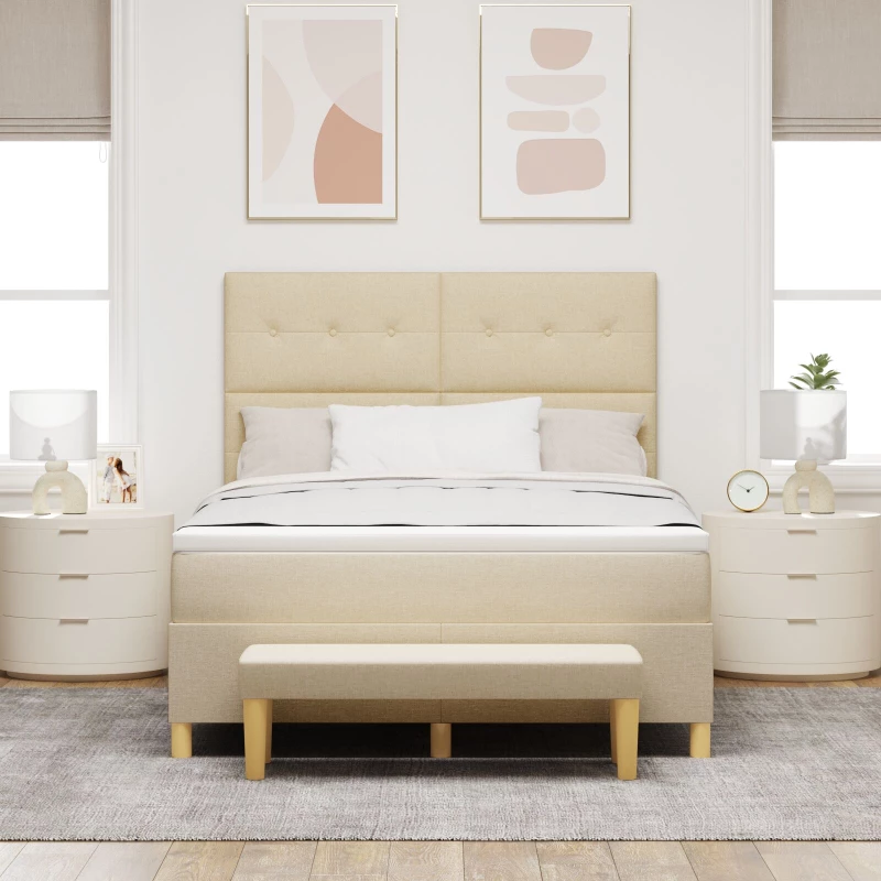 vidaXL Κρεβάτι Box Spring με Στρώμα & Παγκάκι Κρεμ 140x200 εκ. Ύφασμα
