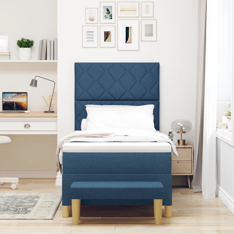 vidaXL Κρεβάτι Box Spring με Στρώμα & Πάγκο Μπλε 90x190 εκ. Ύφασμα