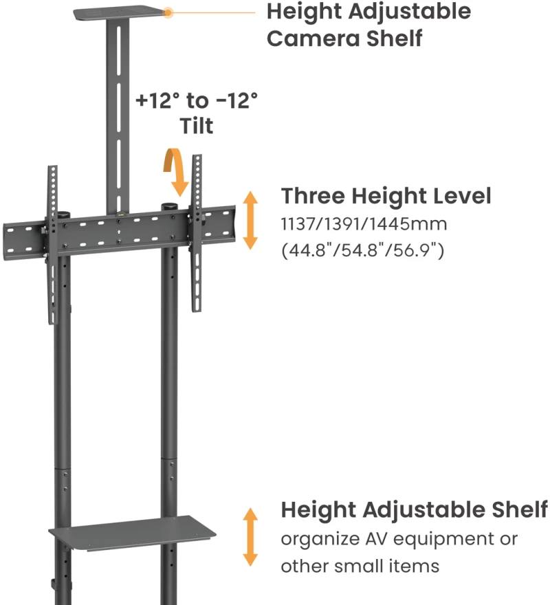 BRATECK βάση τηλεόρασης δαπέδου T1042T, 37-70", έως 45kg, με ράφια & ροδάκια