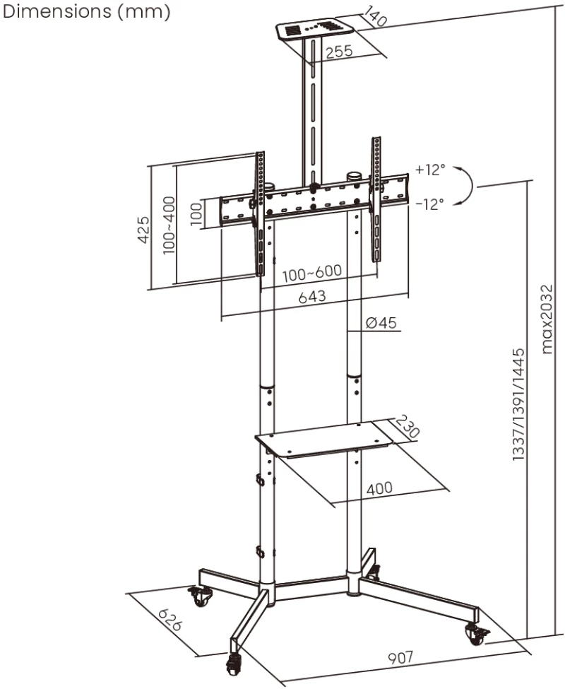 BRATECK βάση τηλεόρασης δαπέδου T1042T, 37-70", έως 45kg, με ράφια & ροδάκια