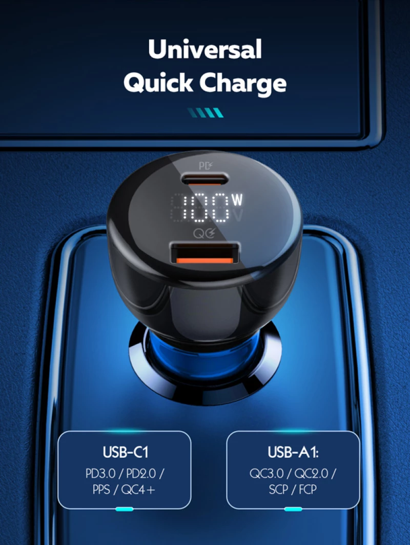 LDNIO φορτιστής αυτοκινήτου C101 με καλώδιο, USB/USB-C, 100W PD, μαύρος