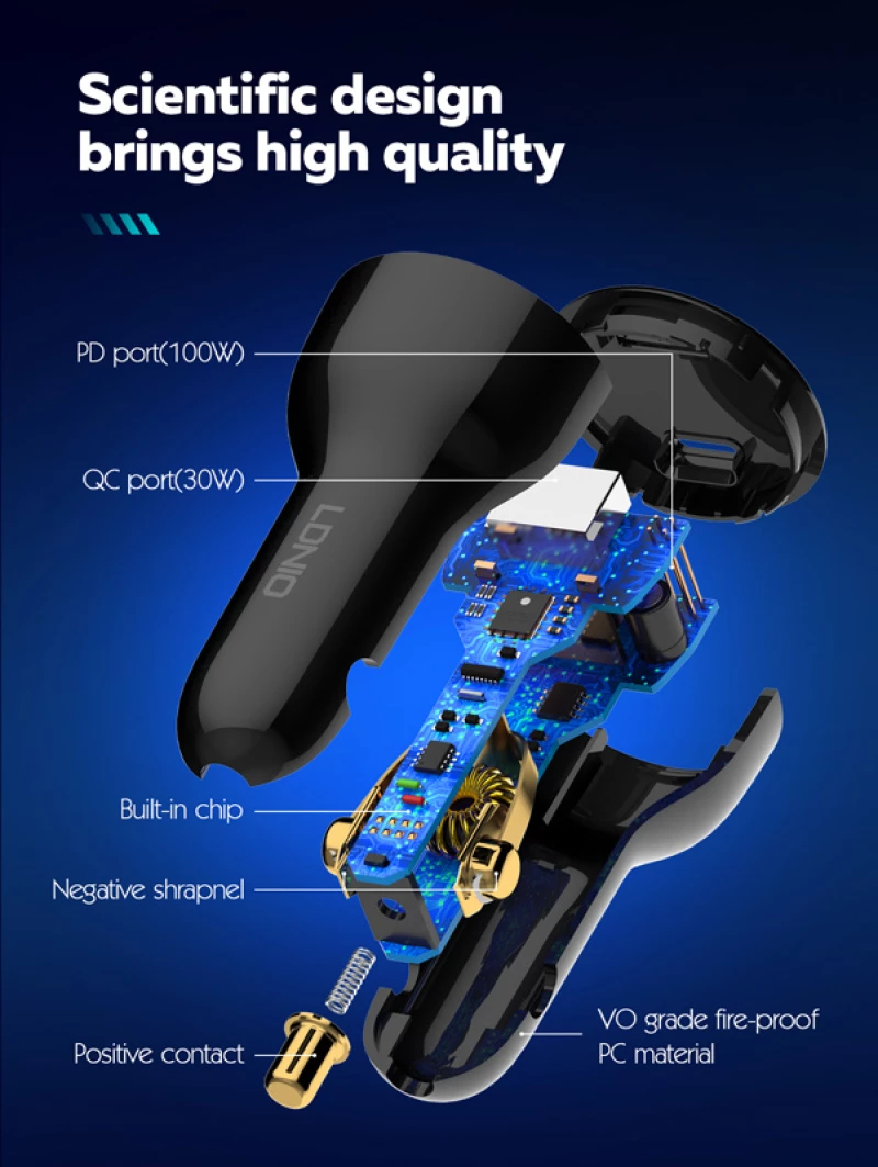 LDNIO φορτιστής αυτοκινήτου C101 με καλώδιο, USB/USB-C, 100W PD, μαύρος