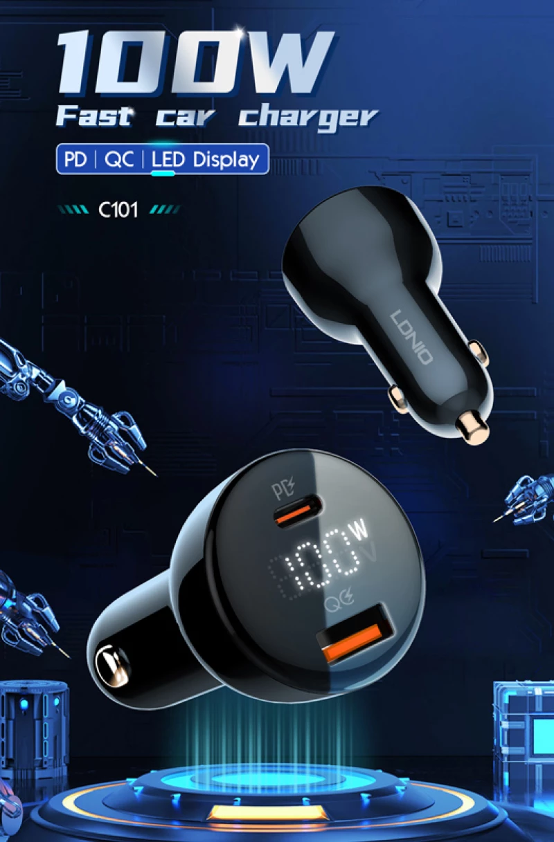 LDNIO φορτιστής αυτοκινήτου C101 με καλώδιο, USB/USB-C, 100W PD, μαύρος