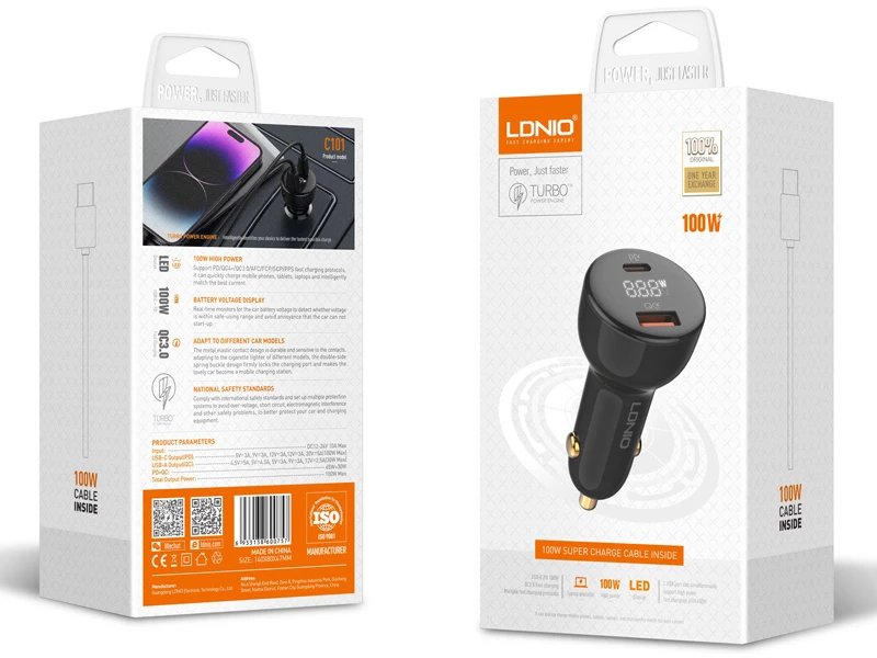 LDNIO φορτιστής αυτοκινήτου C101 με καλώδιο, USB/USB-C, 100W PD, μαύρος