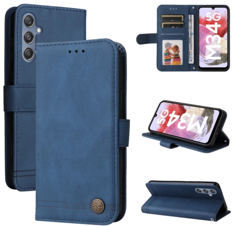 For Samsung Galaxy M34 5G Skin Feel Life Tree Metal Button Leather Phone Case(Blue)