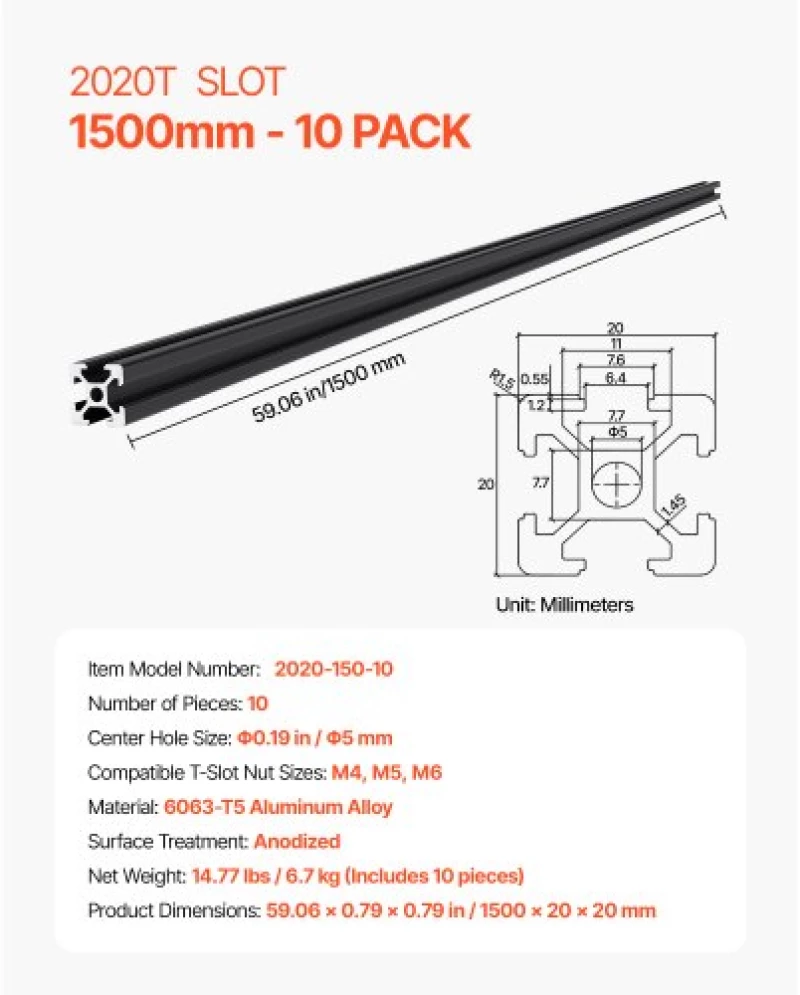 VEVOR 10PCS 59 in (1500 mm) T Slot 2020 Aluminum Extrusion Anodized Linear Rail