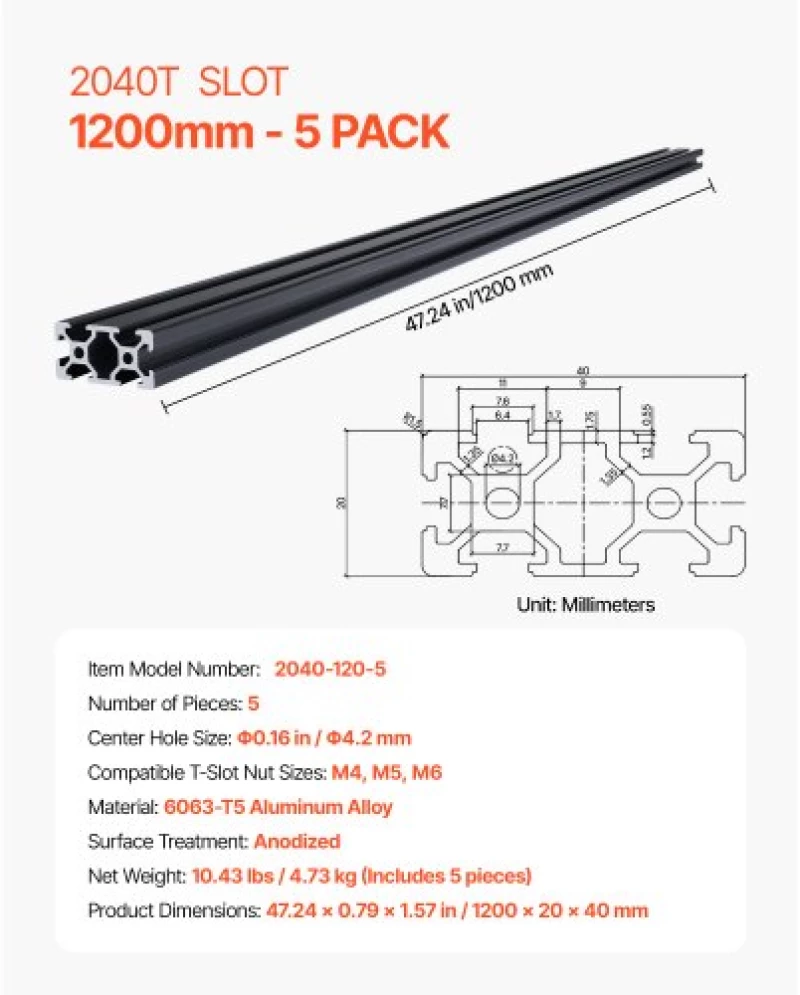 VEVOR 5PCS 47.2 in (1200 mm) T Slot 2040 Aluminum Extrusion Anodized Linear Rail