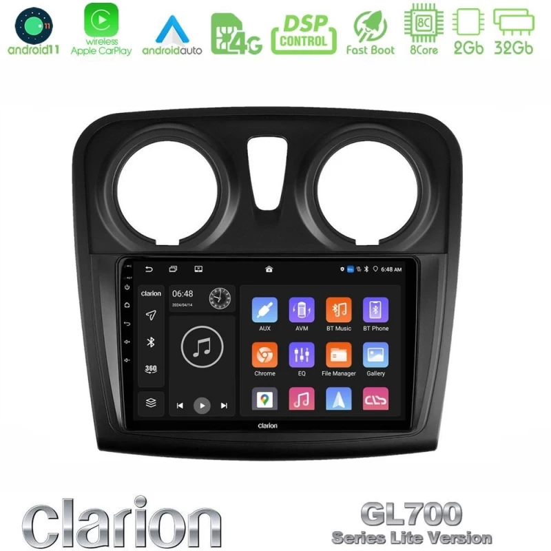 Clarion Gl700 Lite Series 8core Android11 2+32gb Dacia Dokker Navigation Multimedia Tablet 9" με Carplay & Android Auto u-G72l-Dc1132
