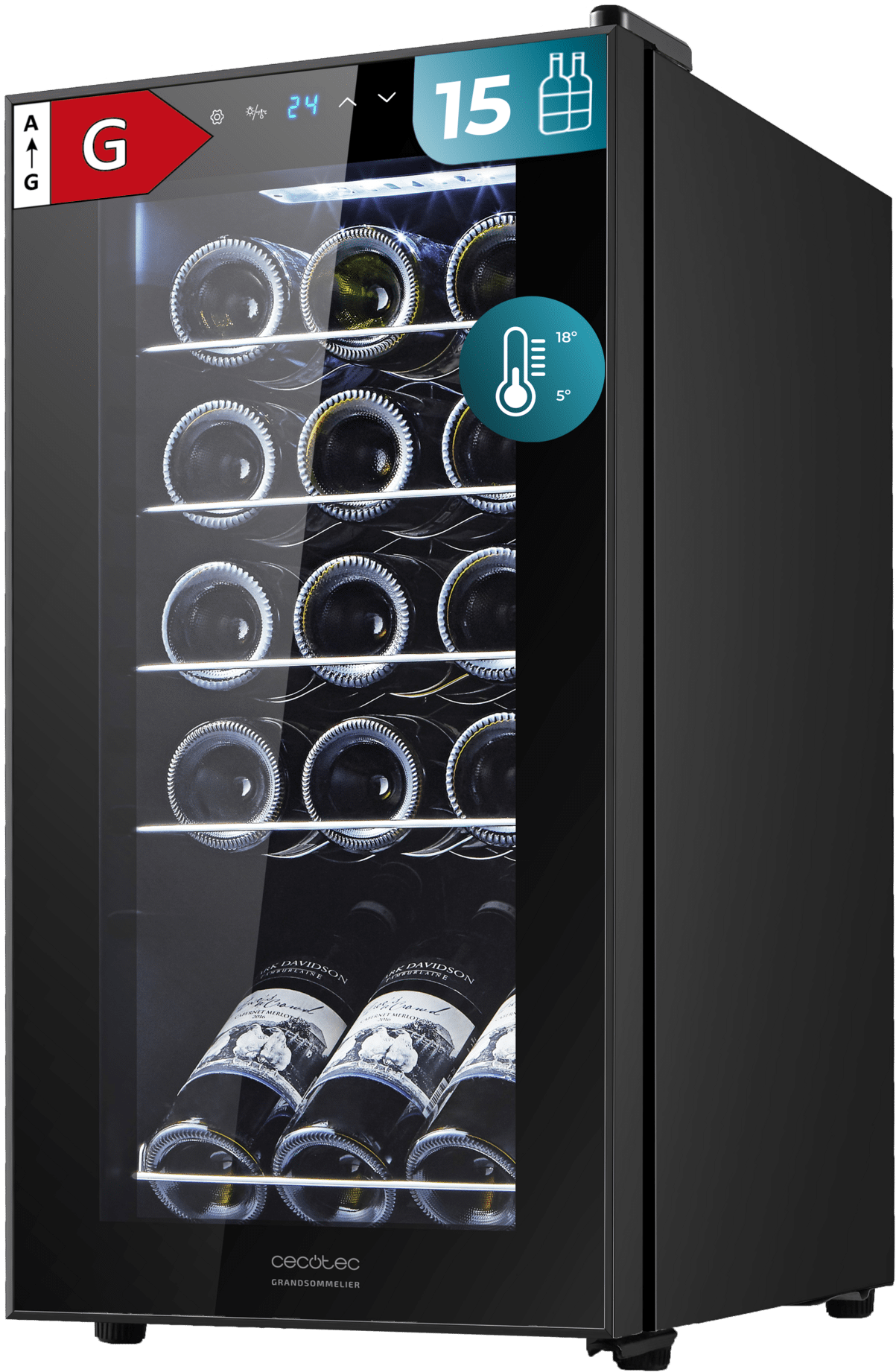 CECOTEC  Συντηρητής Κρασιών Bolero GrandSommelier 1550 με Συμπιεστή, Χωρητικότητα 15 Φιαλών, Ρυθμιζόμενη Θερμοκρασία 5-18ºC και Οθόνη Αφής  CEC-00120