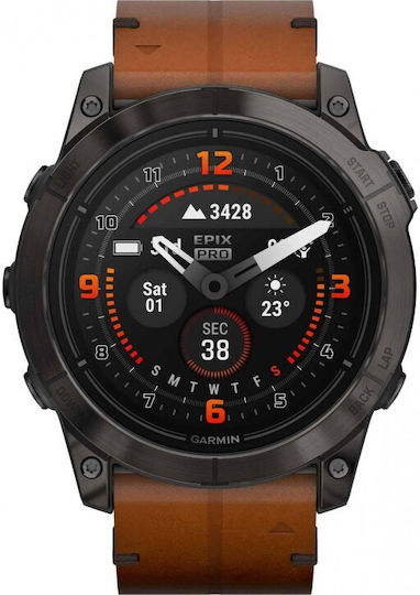 Garmin Epix Pro (Gen 2) Sapphire Edition Titanium 51mm Αδιάβροχο Smartwatch με Παλμογράφο (Carbon Gray DLC Titanium with Chestnut Leather) (010-02804-30)