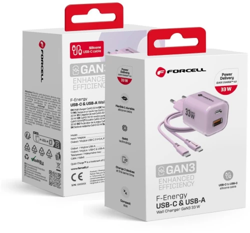 FORCELL F-ENERGY Crystal Color GaN III VT-41 travel charger with silicone cable with 1 x Type C + 1x USB A sockets, PD QC4.0 33W purple