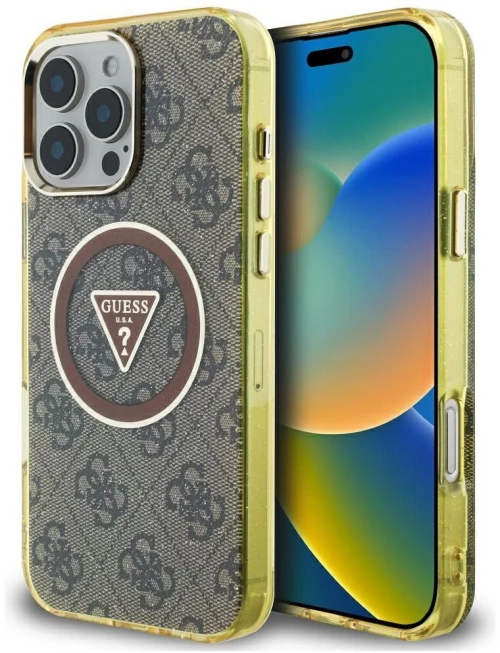 GUESS case for IPHONE 16 Pro Max compatible with MagSafe GUHMP16XHG4PRTGW (IML Metal Glitter 4G Circle Triangle) brown