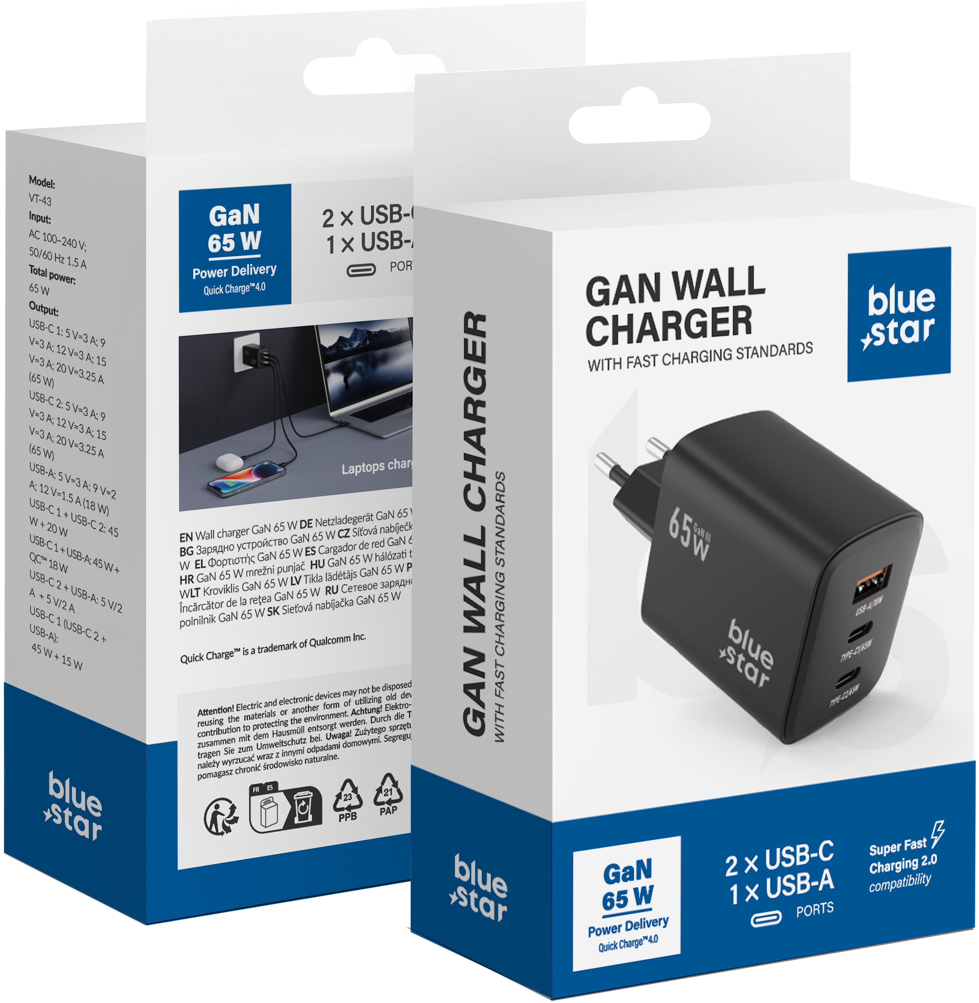 BLUE STAR travel charger GaN 4A 65W 2 x Type C + USB A PD QC4.0 VT-43 black