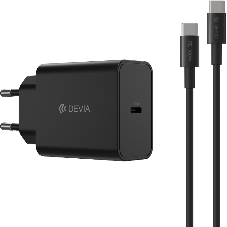 Devia wall charger Rocket PD 45W 1x USB-C black+ cable USB-C - USB-C
