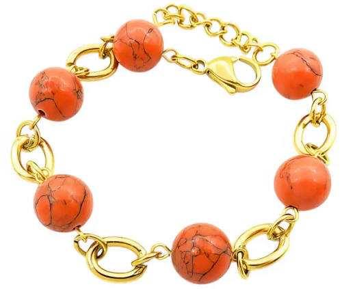 Ατσάλινο Βραχιόλι με Πορτοκαλί Χάντρες και Χρυσούς Κρίκους (B3425)