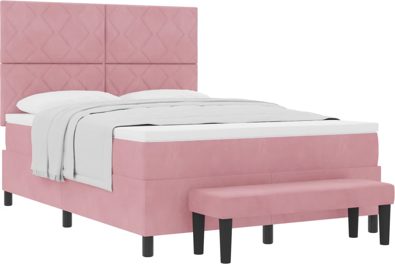 vidaXL Κρεβάτι Box Spring με Στρώμα & Πάγκο Ροζ 140x190 εκ Βελούδο