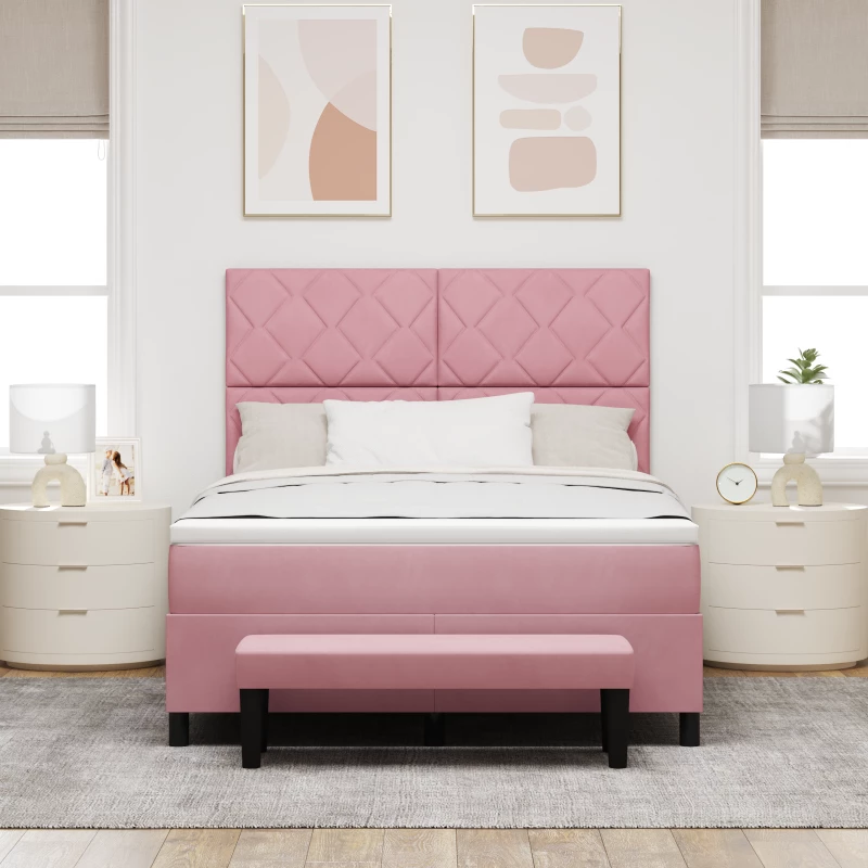 vidaXL Κρεβάτι Box Spring με Στρώμα & Πάγκο Ροζ 140x190 εκ Βελούδο