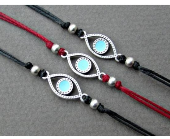 Βραχιόλι από κερωμένο κορδόνι με ματάκι - Ανοιχτό Μπλε