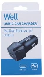 Well Universal USB-C Fast Car Charger 5V/3A 25W Μαύρος PSUP-USB-CPD125BK-WL