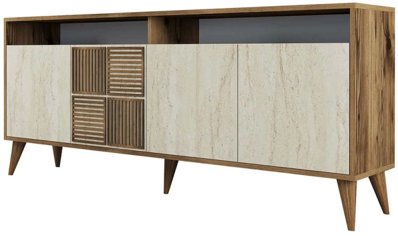 Μπουφές Milan 845HCT5606 180x35x78cm Travertine Beige-Walnut Πλαστικό,Μοριοσανίδα