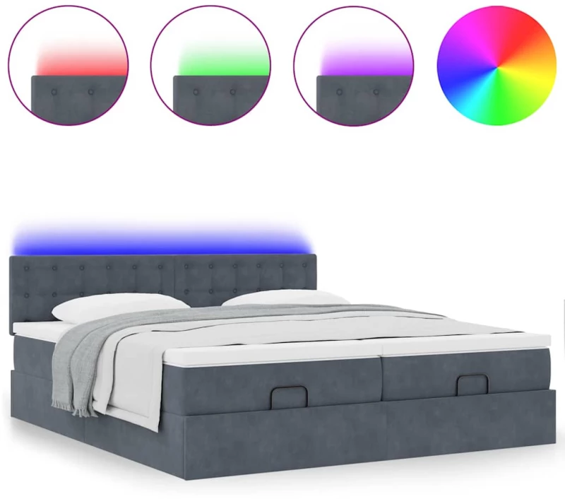 vidaXL Οθωμανικό κρεβάτι με στρώματα & LEDs Σκούρο γκρι Βελούδο