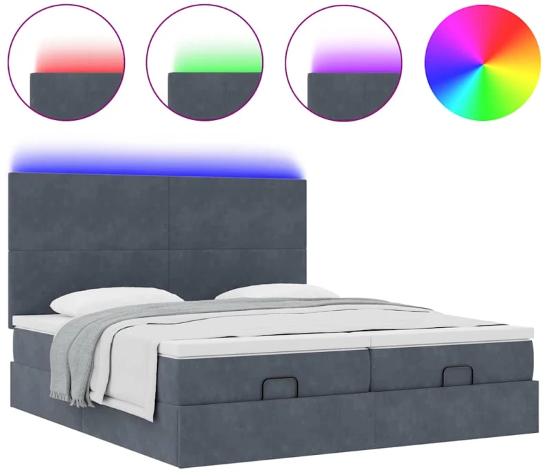 vidaXL Οθωμανικό κρεβάτι με στρώματα & LEDs Σκούρο γκρι Βελούδο