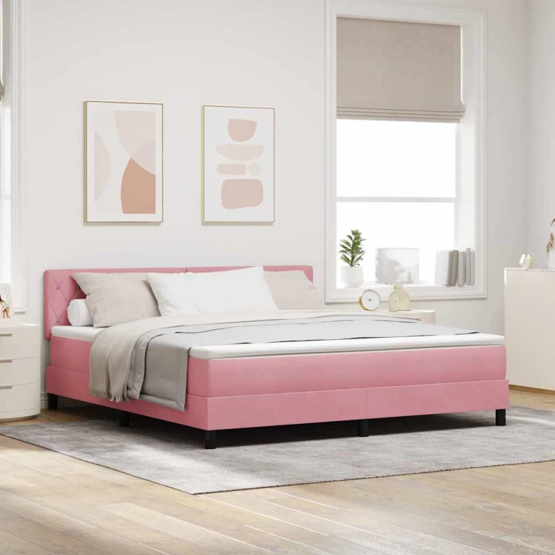 vidaXL Κρεβάτι Box Spring με Στρώμα & LED Ροζ 180x200 εκ. Βελούδο