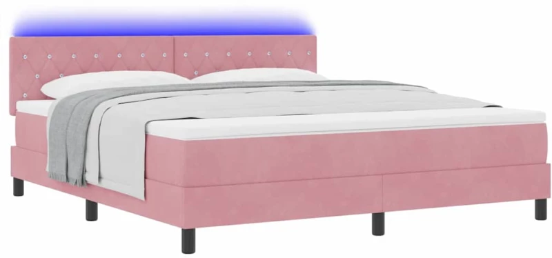 vidaXL Κρεβάτι Box Spring με Στρώμα & LED Ροζ 180x200 εκ. Βελούδο