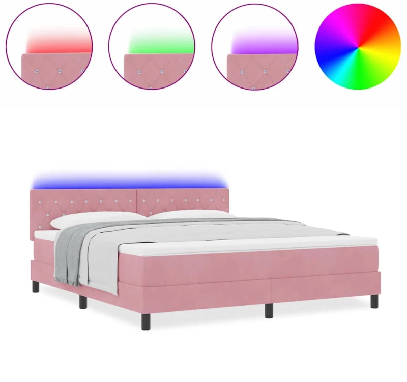 vidaXL Κρεβάτι Box Spring με Στρώμα & LED Ροζ 180x200 εκ. Βελούδο